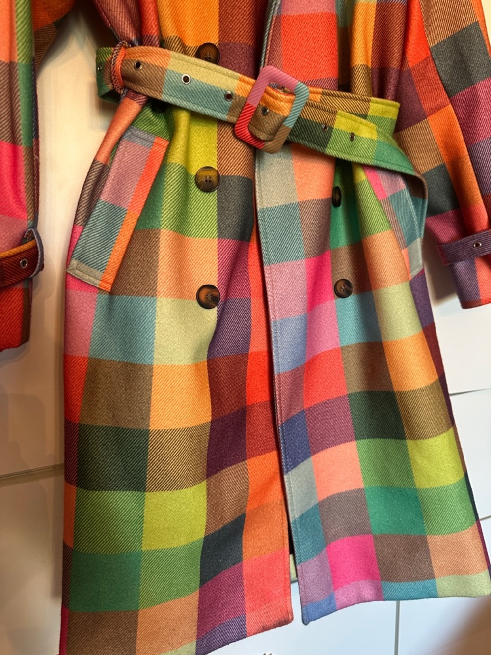 Vibrant Multi-Color Plaid Trench Coat - Picture 3 of 4